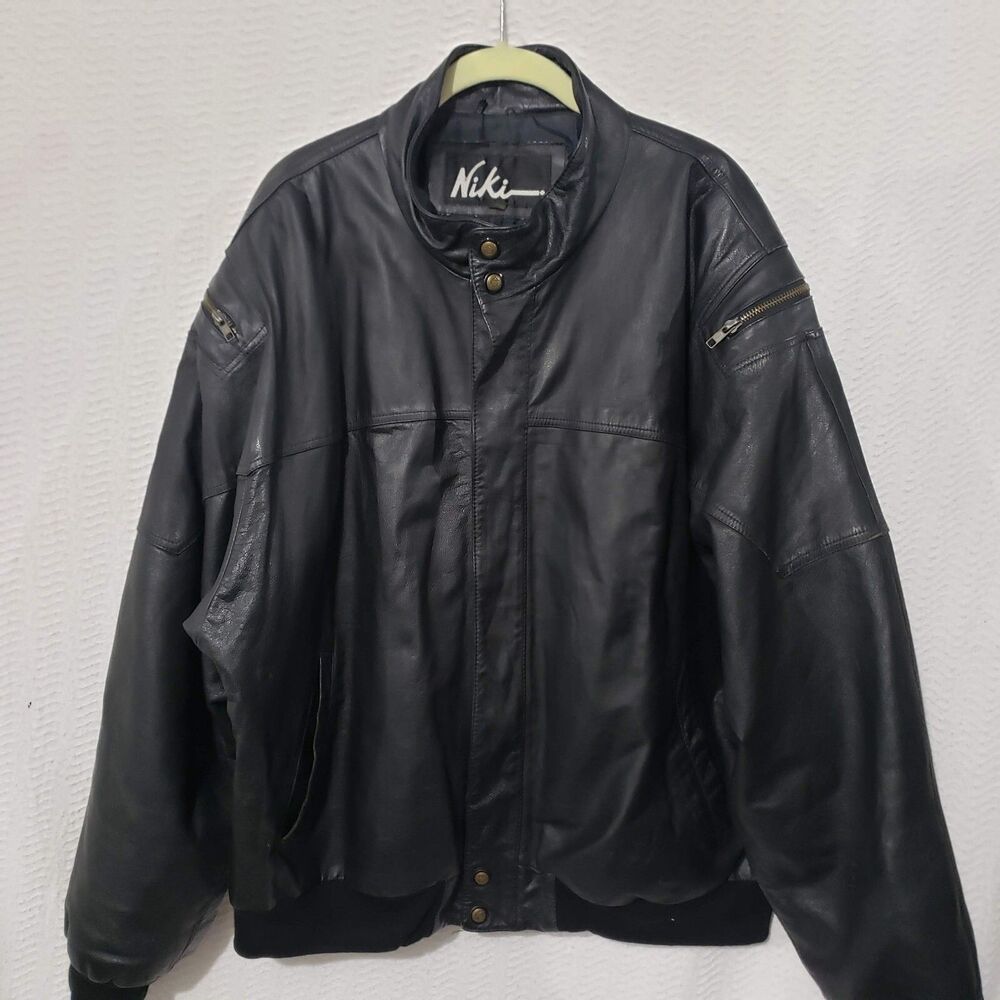 Niki Black Leather Bomber Moto Style Men's Coat Jacket Sleeve pockets Size XL?